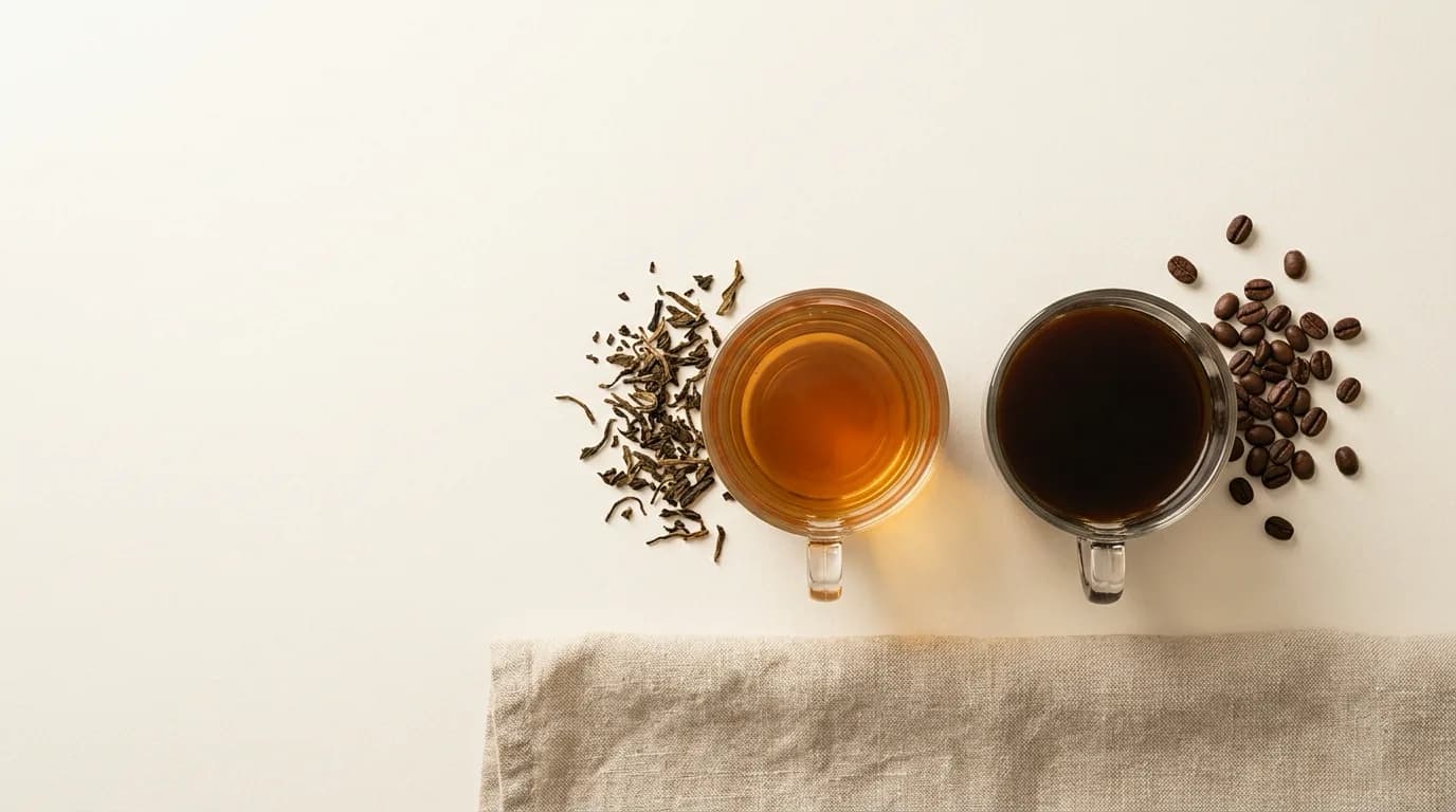 Overhead view of two glass cups, one of tea and one of coffee, beside loose tea leaves and roasted coffee beans